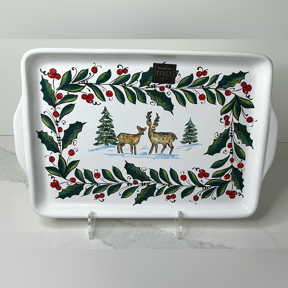 Nova Deruta Christmas Rectangle Serving Tray Trees Reindeer & Holly Trim 13.5"